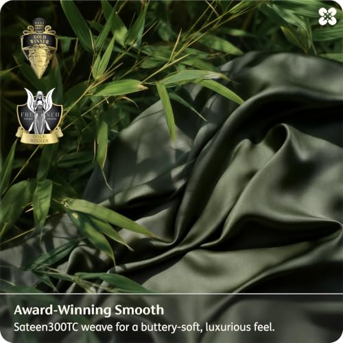 Image of Bedsure PureWoven 100% Viscose Derived from Bamboo, Queen Sheets, 3PCS | Organically Grown, 18 inch Deep Pocket, Cooling Fitted Sheet Set for Hot Sleepers, Luxury Silky Soft, No Flat Sheet, Olive Green