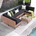 Patiorama 7 Piece Wicker Patio Furniture Set, Natural-Colored PE Rattan Outdoor Conversation Set Sectional Sofa with Water Resistant Cushion and Glass Table, Outdoor Couch, Porch, Backyard-Black