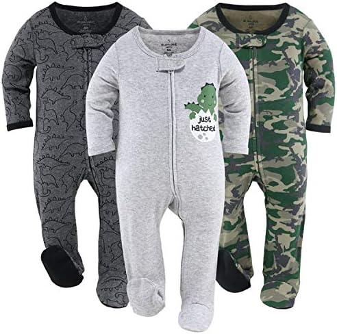 The Peanutshell Footed Baby Sleepers for Boys, Camo & Dinosaur, 3 Pack Set (9M) Grey