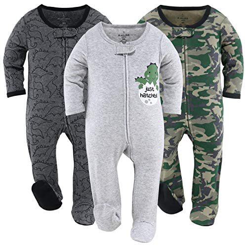 The Peanutshell Footed Baby Sleepers for Boys, Camo & Dinosaur, 3 Pack Set (3M) Grey
