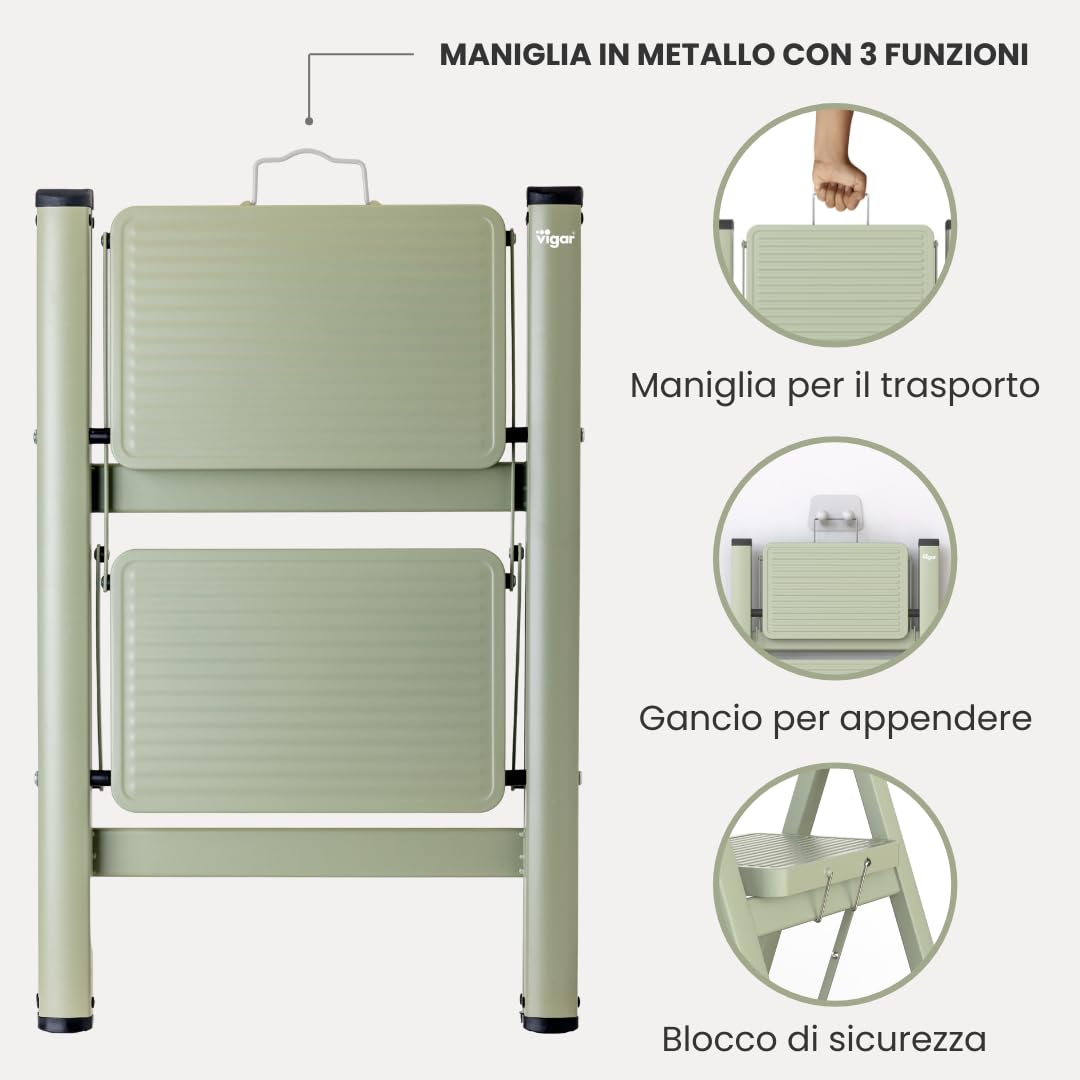 Vigar Scaletta a due gradini, pieghevole fino a 150 kg, leggera, in acciaio antiscivolo, con manico in metallo, scala pieghevole per la casa, Verde | Scaletta leggera in acciaio antiscivolo con manico in metallo, scala pieghevole per casa, sgabello a 2 gr