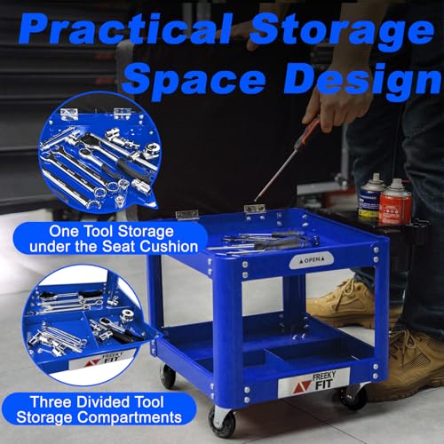 Image of Rolling Creeper Garage Shop Seat for Men, Padded Mechanics Stool with Tool Tray Storage for Garage, Rolling Workshop Stool with Wheels, Auto Creeper Seat, 330 LBS Capacity, Heavy Duty, Blue