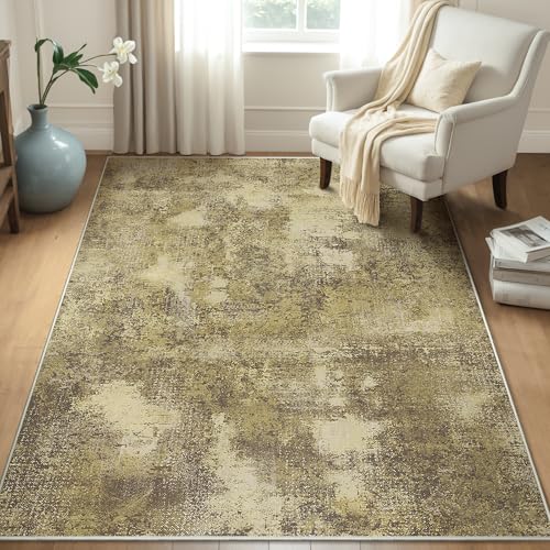 Area Rugs 8x10 for Living Room Bedroom, Modern Abstract Machine Washable Rug, Large Soft Low Pile Floor Carpet with Non Slip Backing for Dining Room, Amber Brown