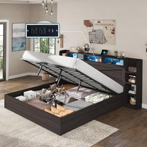 AMERLIFE King Size Lift Up Storage Bed Frame, 45.1' LED Bed Frame...