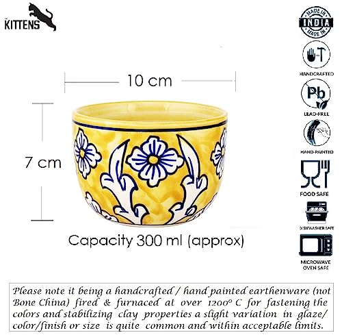 Image of KITTENS Ceramic Bowl Set of 4 (300ml) - Hand Painted Yellow Floral - Microwave & Dishwasher Safe - BPA-Free, Food Grade - Ideal for Soup, Snacks, Maggi & Gifting