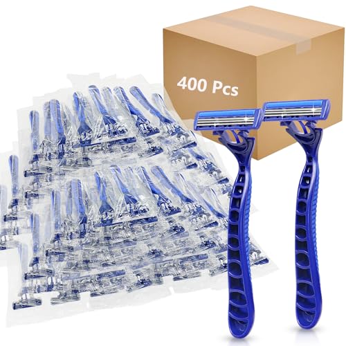 (400 Count) Kheoxusa 3 Blade Disposable Razors,Three Blade Disposable Razors,Triple Blade Disposable Razors,Disposable Razors Individually Wrapped,Disposable Razors for Airbnb,Travel,Tattoo-Dark Blue