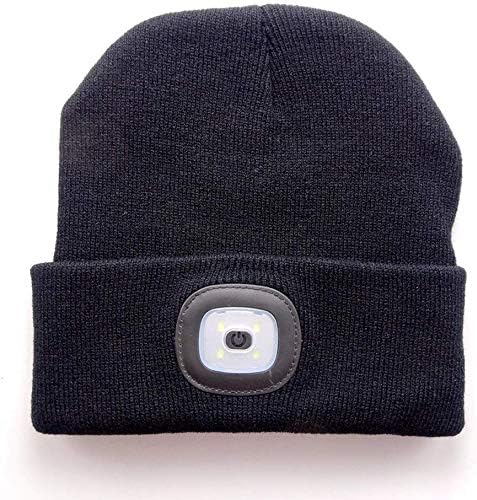 LED Beanie Hat with Light,Unisex USB Rechargeable Hands Free 4 LED Headlamp Cap Winter Knitted Night Lighted Hat Flashlight Women Men Gifts for Dad Him Husband (Black + Grey)