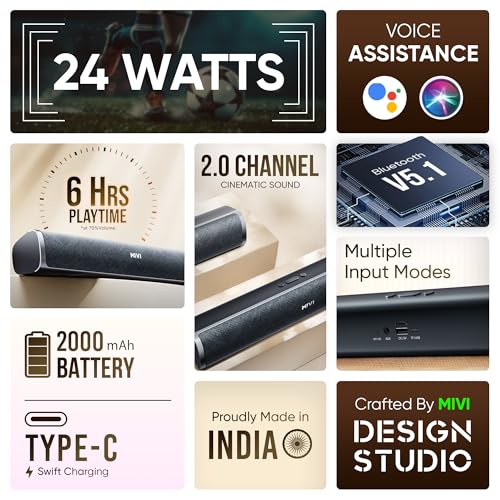 Image of Mivi Fort S24 Bluetooth Speaker Soundbar with 24W Powerful Sound, 2.0 Channel Speaker, Multiple Connectivity Modes, Portable Speaker, Made in India Soundbar
