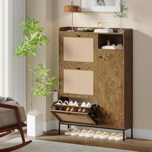 Image of Rattan Wooden Shoe Cabinet, Freestanding 3-Flip Drawer Shoe Storage Organizer, Side Cabinet & Top Fence, Easy Assembly Shoe Rack for Entryway Hallway Living Room, Tree Pomegranate