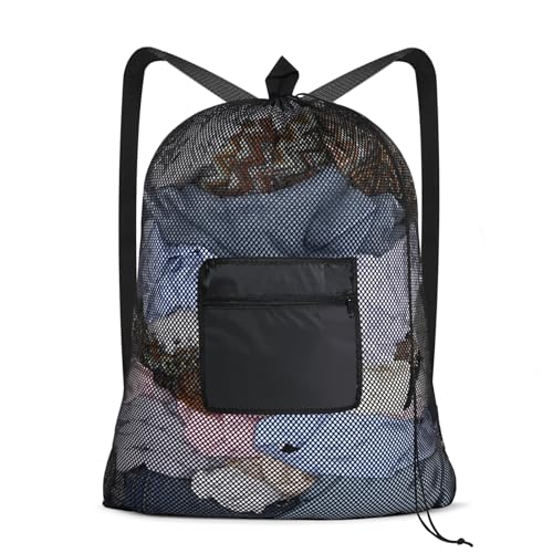 OTraki Mesh Laundry Bags 36 x 28 Inch Extra Large Travel Laundry Bag Backpack Heavy Duty Drawstring Dirty Clothes Laundry Mesh Wash Bag with Shoulder Straps Don't Drying, Melting 140-176℉ Black