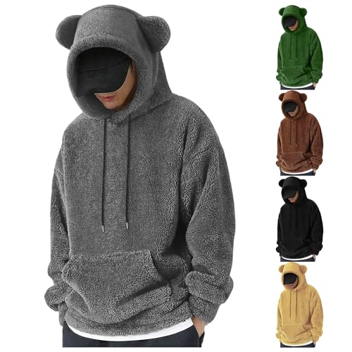 Thatrich Mens Fleece Sweatshirt Sherpa Hoodie with Cute Terry Bear Ears Oversized Long Sleeve Pullover Warm Winter Sweatshirt