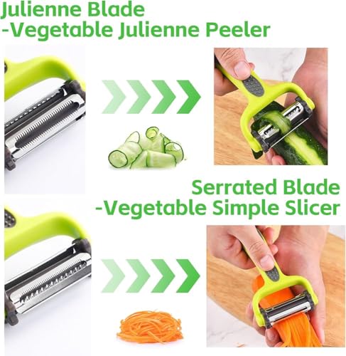 Image of 3 in 1 Rotary Multi-Functional Peeler, Suitable for Vegetable and Fruit, with Serrated Blade + Straight Julian Stainless Steel, Anti-Slip Handle Design, Slicer Kitchen (Pack of 1)