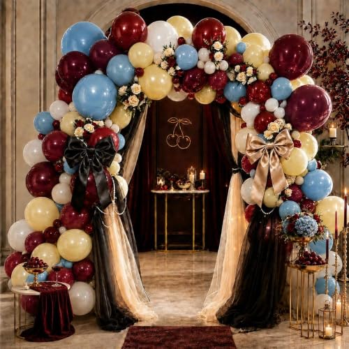 Image of Red Blue Yellow Balloon Arch Double Stuffed Cherry Berry Balloon Garland