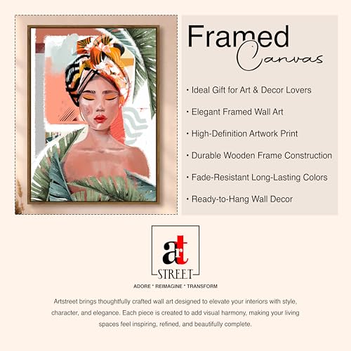 Image of Modern Bohemian Tropical Woman Portrait Framed Canvas Painting For Living Room | Botanical Abstract Female Wall Art For Livingroom Wall Decor, Home Decor, Bedroom, Hallway's, Office, Hotel - 43x58 cm