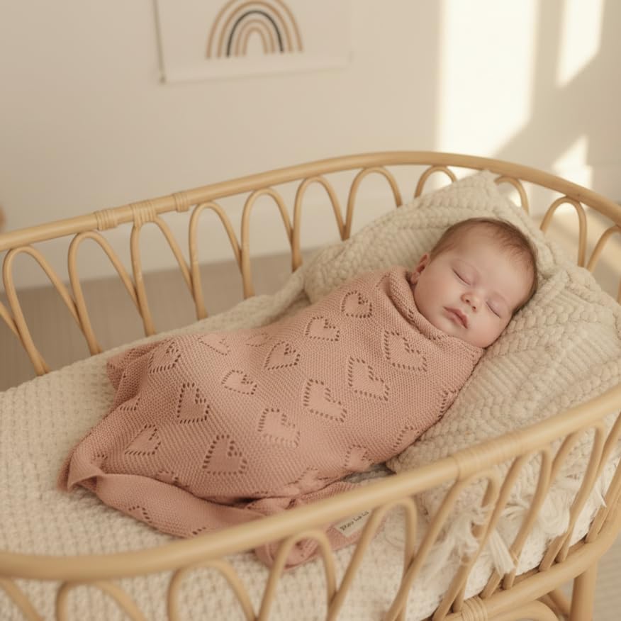 Image of Heirloom Knit Heart Swaddling Blanket for Girls - 100% Luxury Cotton Baby Blanket - Soft Warm Swaddle Receiving Crib Receiving Blanket for Newborns Infants & Toddlers (Pink)