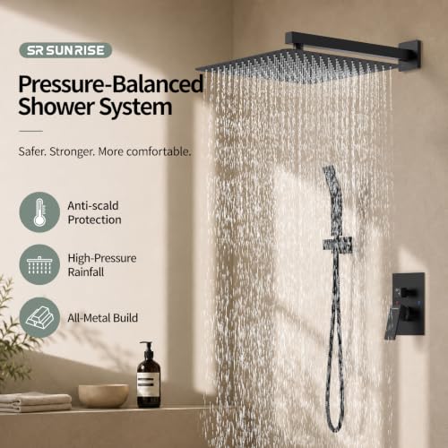 Image of SR SUN RISE Shower Faucet Set 16-Inch Rainfall Shower Head Matte Black