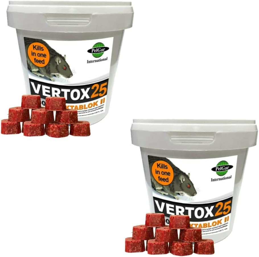 Rat Poisoning Blocks Mouse Bait Blocks Single Feed Rodent Killer Block Max Strength Fast Acting All Weather Bait Block 2 Tubs (VERTOX OKTABLOK ll- 300g).