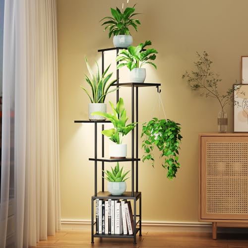 Image of Homsorout Plant Stand Indoor with Grow Light - 6-Tier Metal Plant Shelf with Hanging Basket Hook, Corner Tall Flower Holder for Multiple Plants, Living Room Balcony Garden Patio, Black