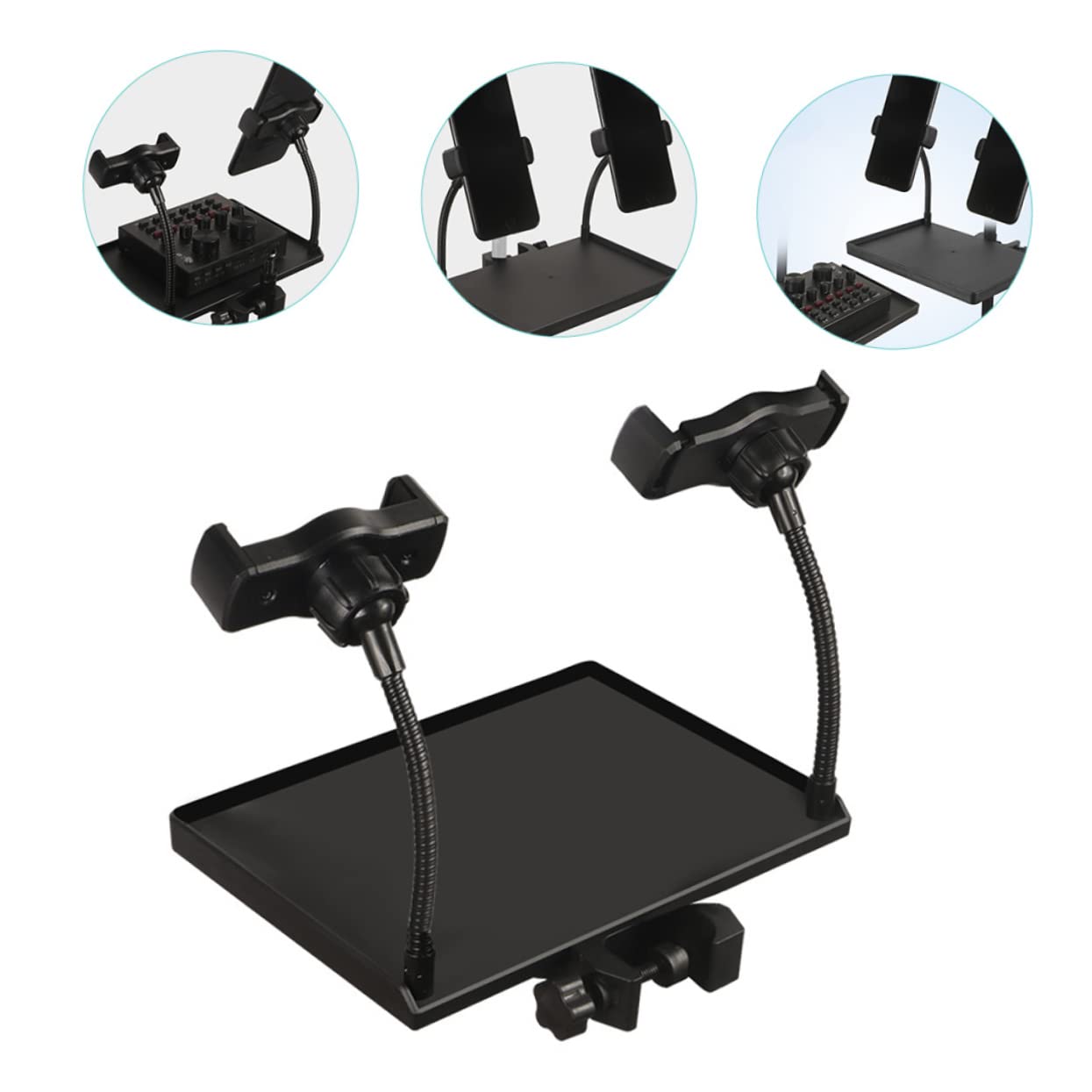VANZACK Multi Functional Microphone Tray with Phone Clip Movable Sound Holder for Mic Stand Durable Music Accessory with Raised Edges for Recording Live Streaming Karaoke