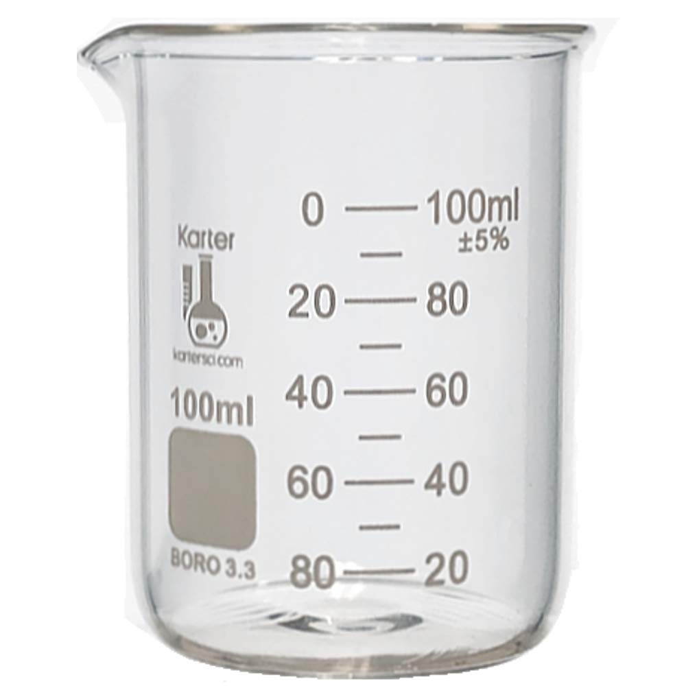 100ml Beaker, Low Form Griffin, Borosilicate 3.3 Glass, Spout & Printed Graduations, Karter Scientific 247F5 (Pack 24)