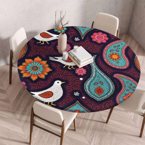 Morbuy Mantel Elástico Ajustable Redondo,Estilo Paisley Mantel Redondo Ajustable Manteles Antimanchas Impermeable Protector Mesa para Decoración Fiesta Cocina Comedor Jardin (Pájaro,60cm)