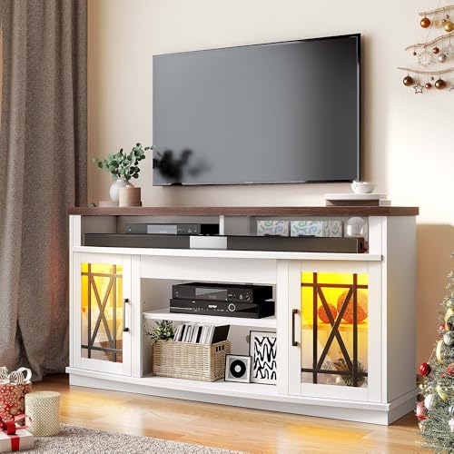 DWVO LED Farmhouse Television Stand for Living Room, 32'' Tall Entertainment Center for 65/55 Inch TV, Media Console TV Table with Storage Cabinet, Adjustable Shelves and Glass Doors, White & Brown