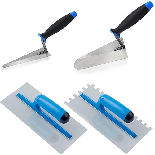 Virsus Kit 4 Utensili per MURATORE: 1 Cazzuola da 18cm, 1 Cazzuolino da 14cm, 1 Frattazzo per Stucco e 1 Frattazzo Dentato per Colla da 28x12cm, Lame in Acciaio, Utensili Professionali e Fai da Te