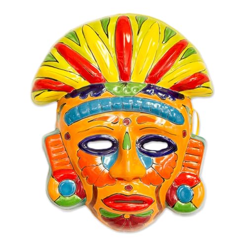 NOVICA Artisan Handcrafted Ceramic Mask Talaverastyle Aztec in Mexico Multicolor Masks Cultural Floral Folk Art Hacienda [12.5in H x 9.25in W x 1.9in D] ' Chicha Penacho'