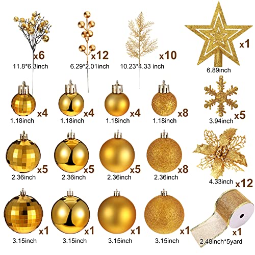 94 Pieces Christmas Tree Decorations Set Including Christmas Tree Ball Ornaments Christmas Glitter Poinsettia Flowers Decorations Glitter Berries Stems For Xmas Holiday Wedding Decor (Gold) #TOP1