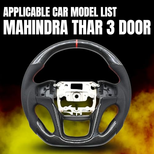 Image of KMH Premium Black Steering Wheel Compatible with Mahindra Old Thar 3 Door - Flat Bottom Sporty Look, Enhanced Grip & Fit Plug and Play Car Interior Accessories (Carbon Copy)