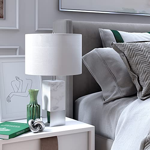 Henn&Hart Transitional Cararra-Style Marble Table Lamp with Fabric Shade in Marble/Polished Nickel