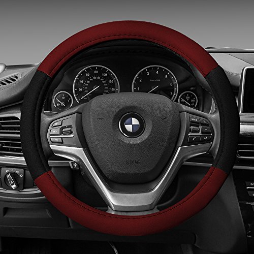 Image of FH Group Universal Fit Modernistic and Seat Belt Pads Combo Set Red Steering Wheel Cover Fits Most Cars, SUVs