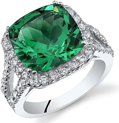 Peora 6.50 Carats Simulated Emerald Ring for Women 925 Sterling Silver, 11mm Cushion Cut, Size 7