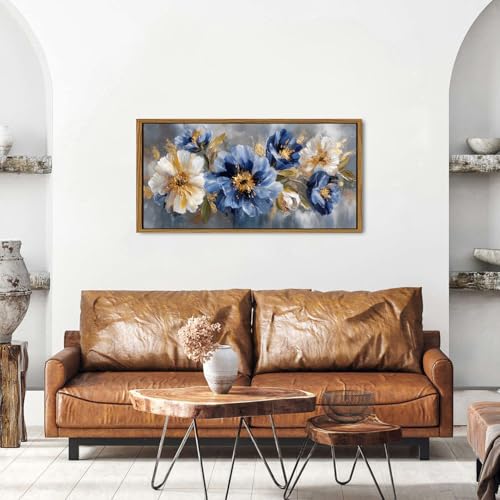 Blue and Gold Flower Wall Art Abstract Navy Blue and White Floral Pictures for Living Room Wall Decor Wildflower Canvas Prints Modern Aesthetic Framed Artwork for Bedroom Home Decoration 20x40 by AIYISU - Image 4