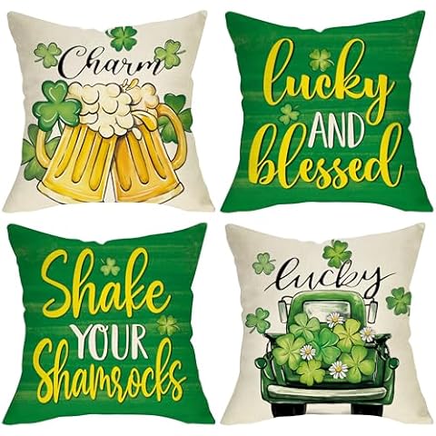 Softxpp St. Patrick's Day Green Decorative Throw Pillow Covers 18x18 Set of 4, Lucky Blessed Shake Your Shamrocks Porch Outdoor Home Decor, Spring Charm Truck Clover Daisy Irish Couch Cushion Cover