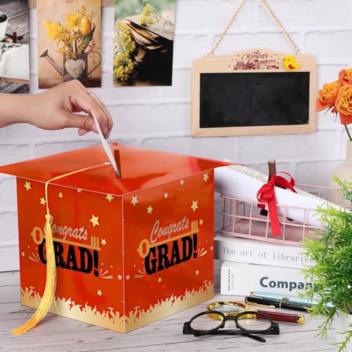 Image of Outus 2026 Grad Card Box with Tassel Congrats Graduation Cap Card Holder for Graduation Gift Box Party Supplies(Orange,Stylish)