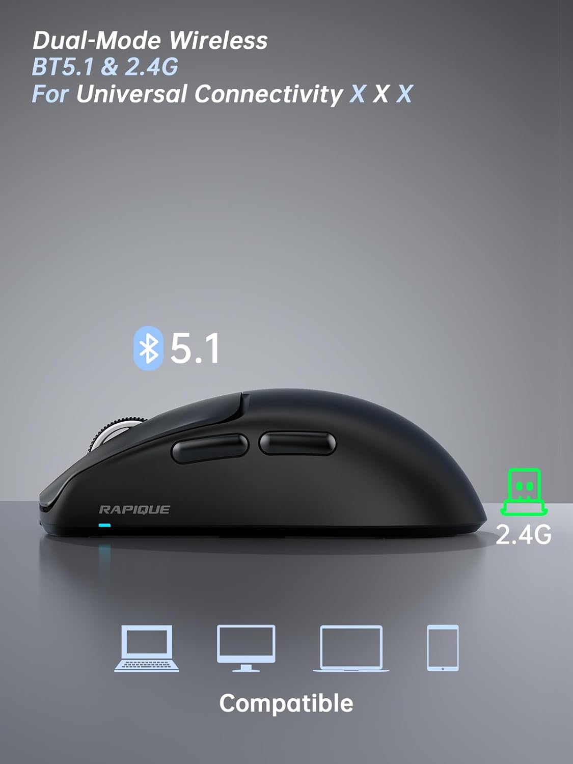 RAPIQUE R102 mouse with Bluetooth 5.1 and 2.4G wireless icons, indicating universal compatibility.