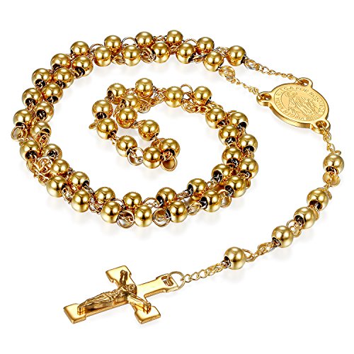 Flongo Rosenkranz Kette Halskette, Edelstahl Anhänger Halskette Kette Kugelkette Gold Golden Jungfrau Maria Jesus Christus Kruzifix Kreuz Kugel Perlen Klassiker Herren,Damen Accessoires., 10.99