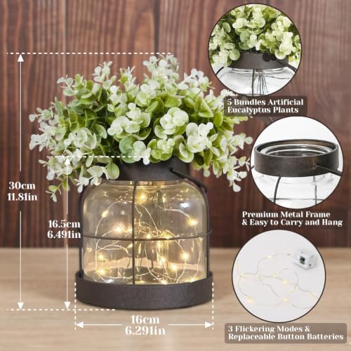 Vintage Glass Farmhouse Vase, Rustic Lantern Planter with LED & Flowers - Image 5