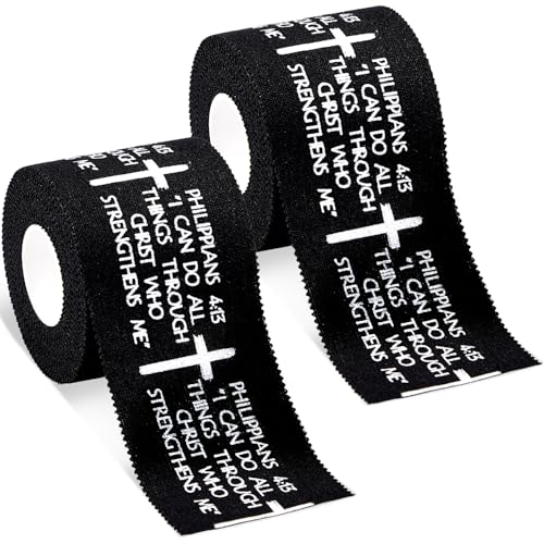 2Pcs Christian Athletic Tapes 2in x 23ft Black Cotton Zinc Oxide Sport Tape Faith Cross Sports Wristbands Religious Bible Verse Wrist Tape for Football Baseball Gymnastic Boxing First Aid Injury Wrap