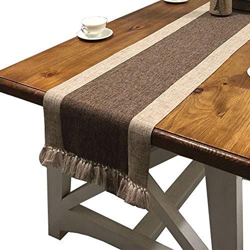 PHNAM Brown Table Runner with Tassels Long Linen Cotton Coffee Dining Table Cloth