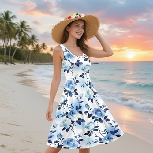 Image of Women's Casual Loose Sundress Midi Sleeveless Crewneck Dress Summer Beach Tank Dress with Pockets
