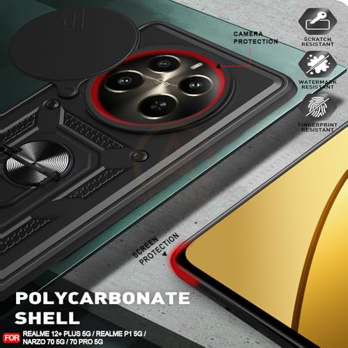 Image of Armor Bumper Back Cover Case for Realme 12 Plus / P1 5G / Narzo 70 /70 Pro Rotating Camera Cover, Ring Holder & Kickstand | Heavy Duty & 360 Degree Protection Back Cover (Black)