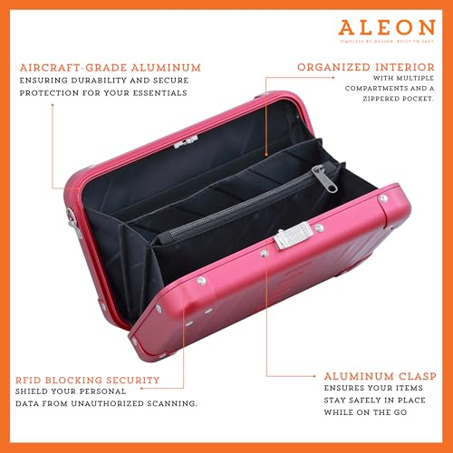 Image of Horizontal All Aluminum Crossbody Bag - Lightweight Compact Travel Case with Adjustable Strap, RF Blocking, Interior Pockets & Secure Clasp - Stylish Over-Shoulder Bag for Men & Women (Ruby)