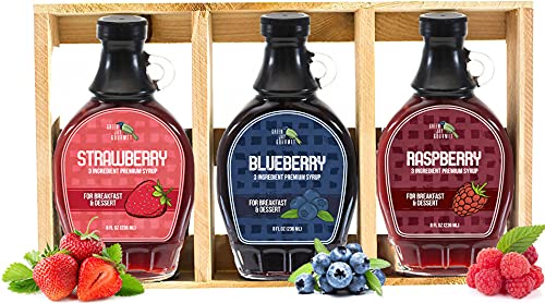 Green Jay Gourmet Syrup Fruity Gift Set - Strawberry Syrup, Blueberry Syrup & Raspberry Syrup - 3 Ingredient Premium Breakfast Syrups - All-Natural Pancake Syrup & Dessert Syrup - 8 Ounces, Set of 3