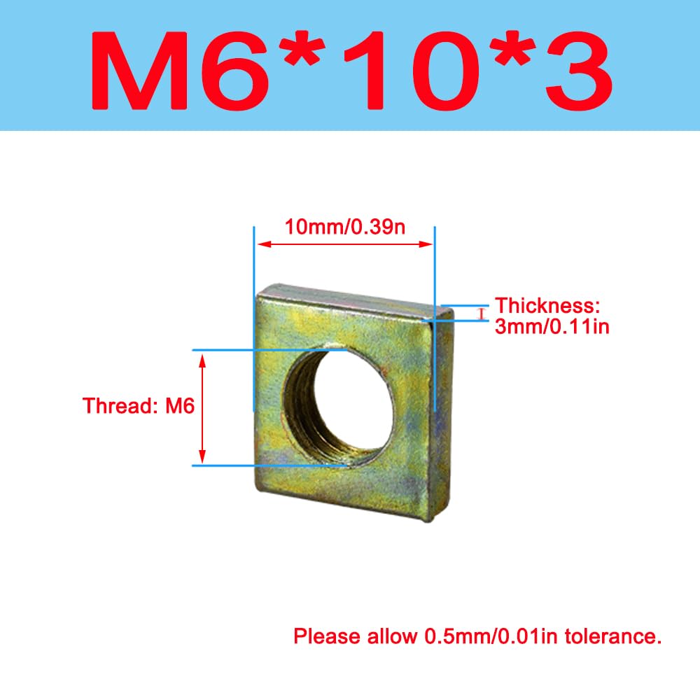 50 dadi quadrati, M6 x 10 x 3, dadi quadrati piatti, chiusure zincate per riparazioni professionali di macchine domestiche