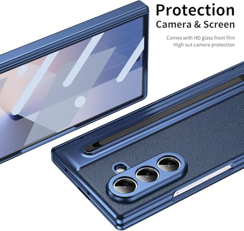 Image of amazon basics Luxury Vegan Leather Case for Samsung Galaxy Z Fold 6 - Ultra Slim Protective Cover with Integrated S Pen Holder & Raised Camera Guards - Blue