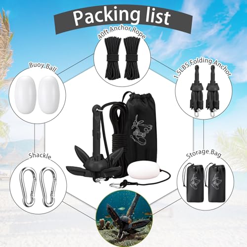 Image of Lounsweer 2 Pack 1.5 /3.5 lb Marine Kayak Anchor Kit Folding Grapnel Anchor Kit Boat Kayak Fishing Accessories for Small Boats Kayaks Canoe Paddle Boards