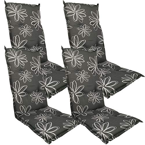 DILUMA Hochlehner Auflage Naxos für Gartenstühle 4er Set 118x49 cm Blume Schwarz - 6 cm Starke Premium Stuhlauflage mit Komfortschaumkern - Sitzauflage Made in EU