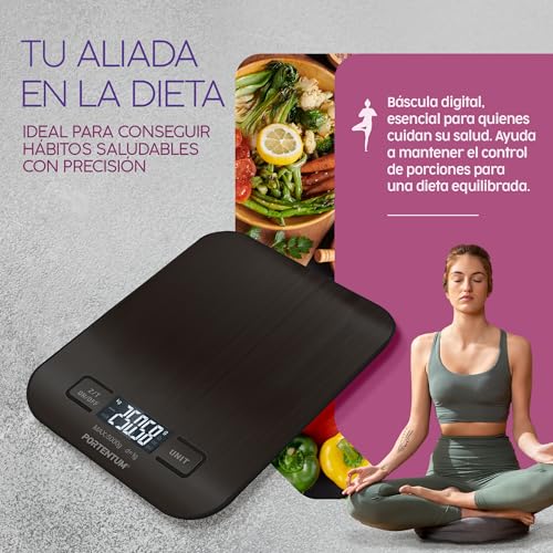PORTENTUM Peso de Cocina con Pantalla LCD, Acero Inoxidable, Balanza cocina precisa de 1 gramo a 5 kg/11 lbs, Negro - imagen 7